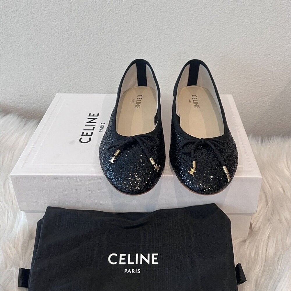 CELINE Triomphe Logo Les Ballerines Ballerina Laces Babies Alma Flats 38.5/ 39.5